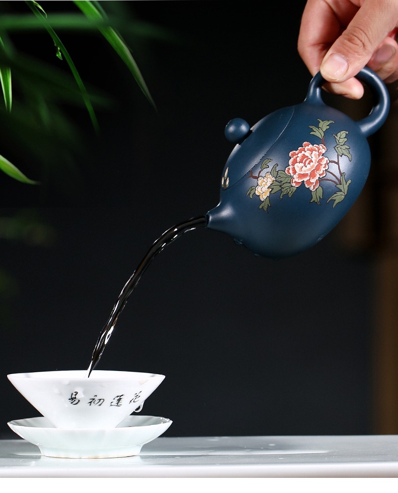 純手工紫砂壺，小巧琺瑯印花紫砂壺